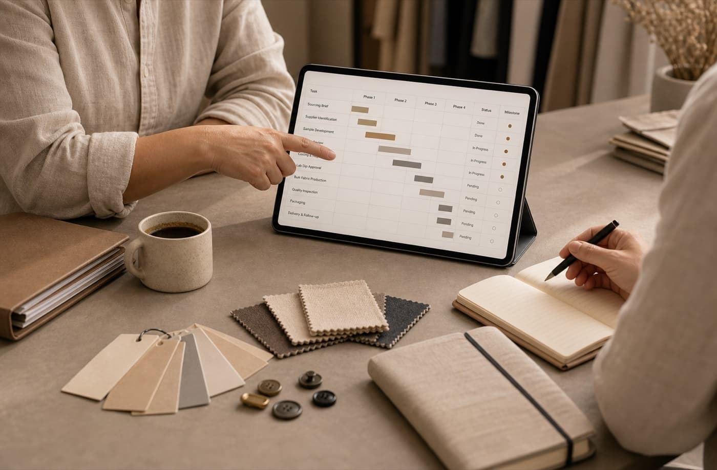 Production planning tablet with fabric swatches and timeline notes