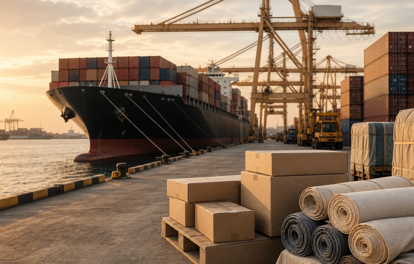 Cargo vessel and textile packages ready for shipment