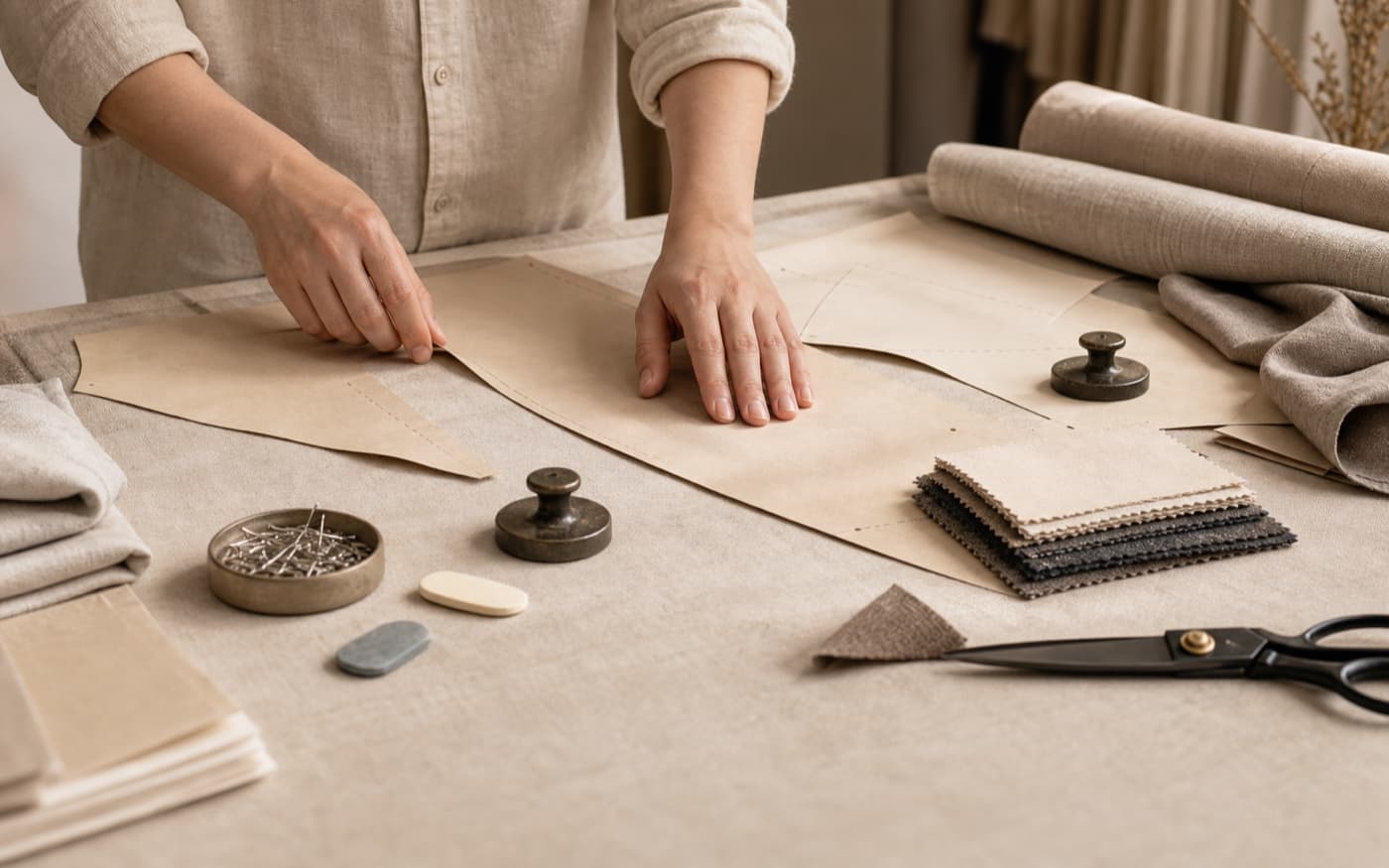 Pattern paper and material samples arranged on a development table