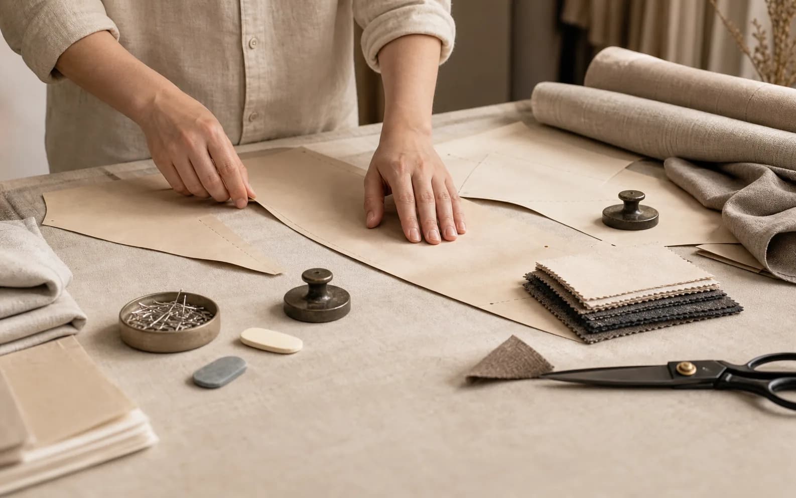 Garment product development table with fabric swatches, paper patterns, chalk, pins, and tailor shears
