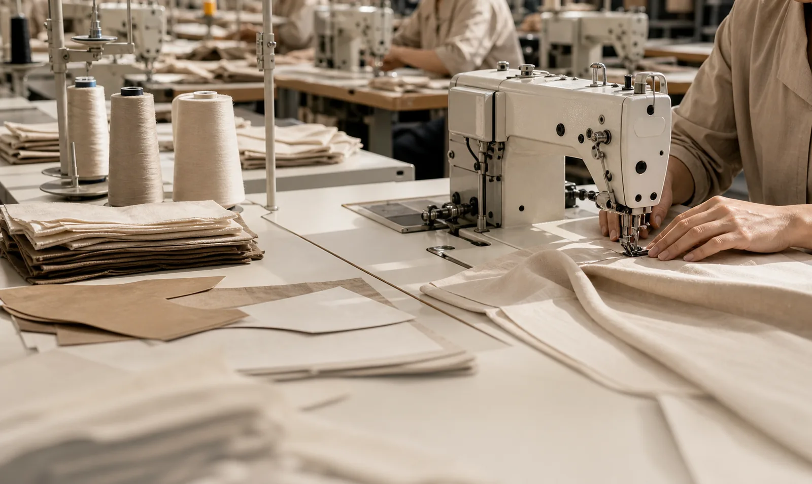 Garment production floor with industrial sewing machines, thread, and fabric