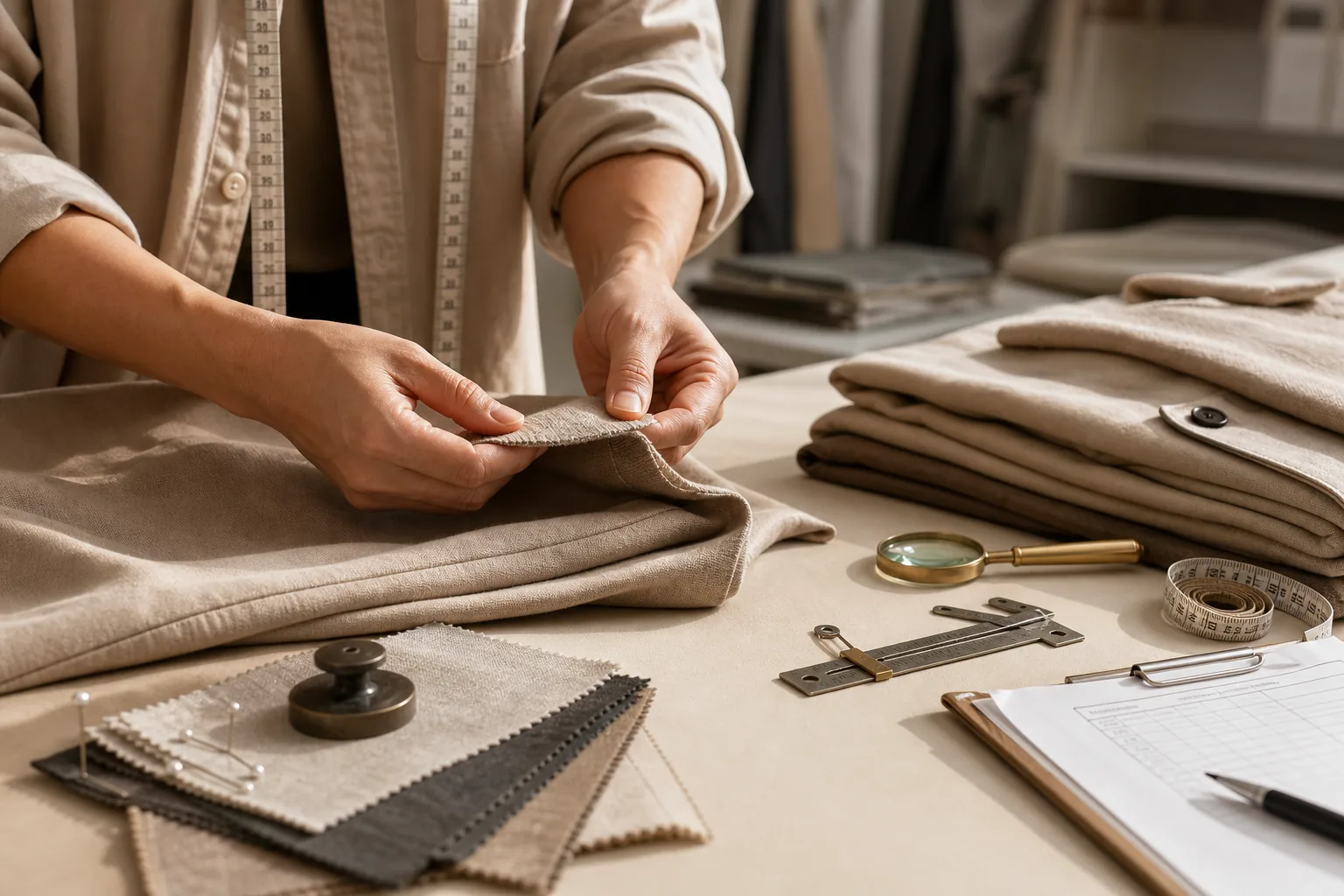 Quality control inspection of garment seams, texture, measurements, and finishing