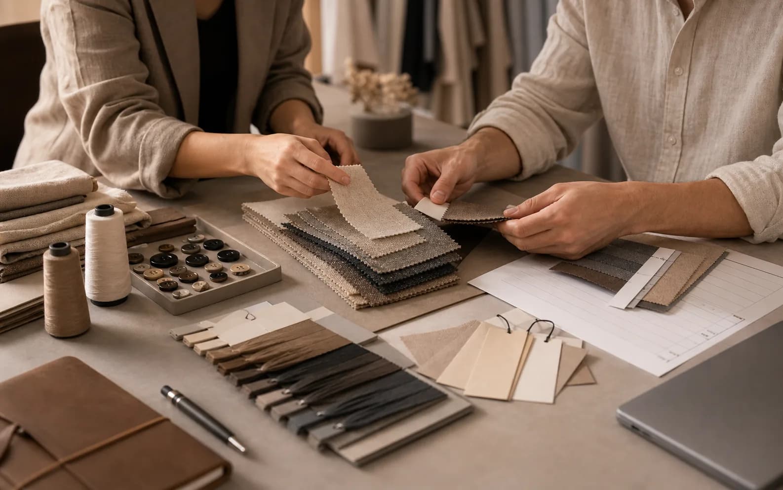 Fabric samples, project documents, and supplier planning materials for a garment sourcing conversation